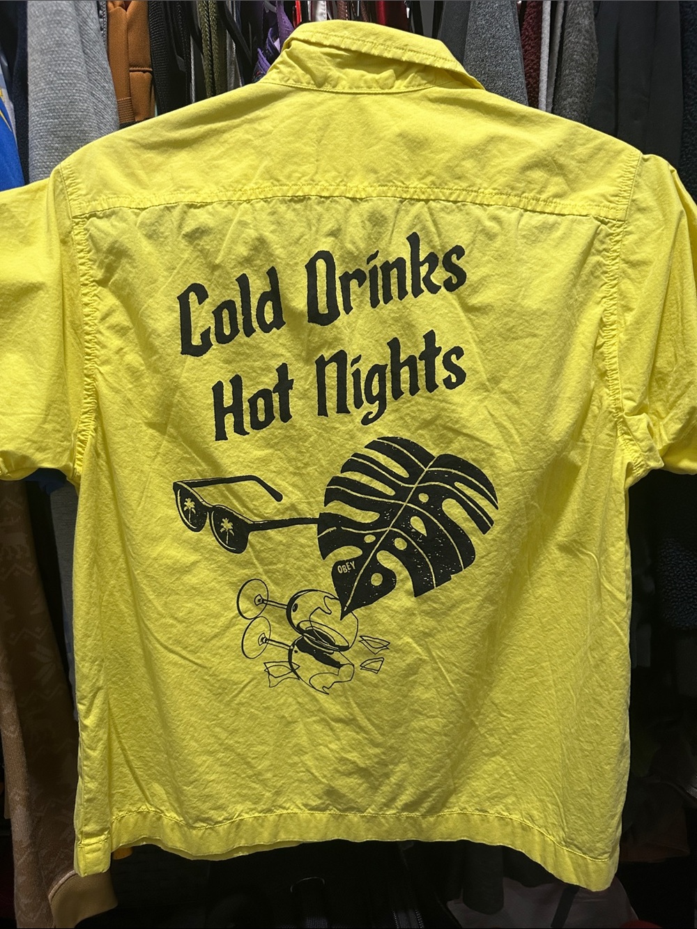 OBEY Cold Drinks Hot Nights Graphic Camp Shirt - Yellow size: M